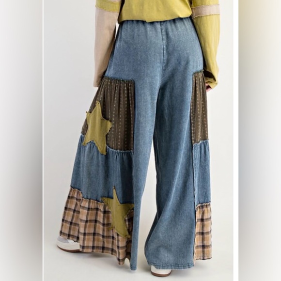 EASEL CHAMBRAY PATCHED WIDE LEG PANT NWT - Picture 2 of 9
